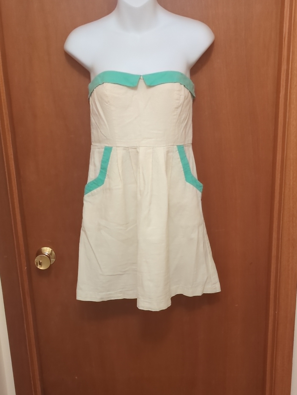 Cream Strapless Dress with Mint Trim Accents